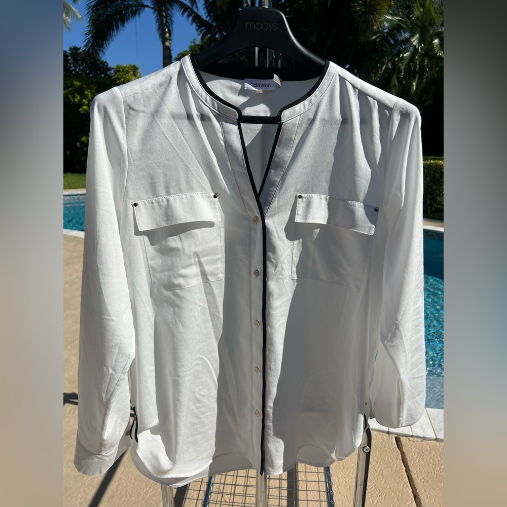 Calvin Klein White Blouse with Black Trim – Size XL – Sheer Button Down